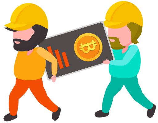 Cartoon illustration of two workers in construction helmets carrying a cryptocurrency-themed tablet, symbolizing cryptocurrency exchange development services and blockchain infrastructure building.