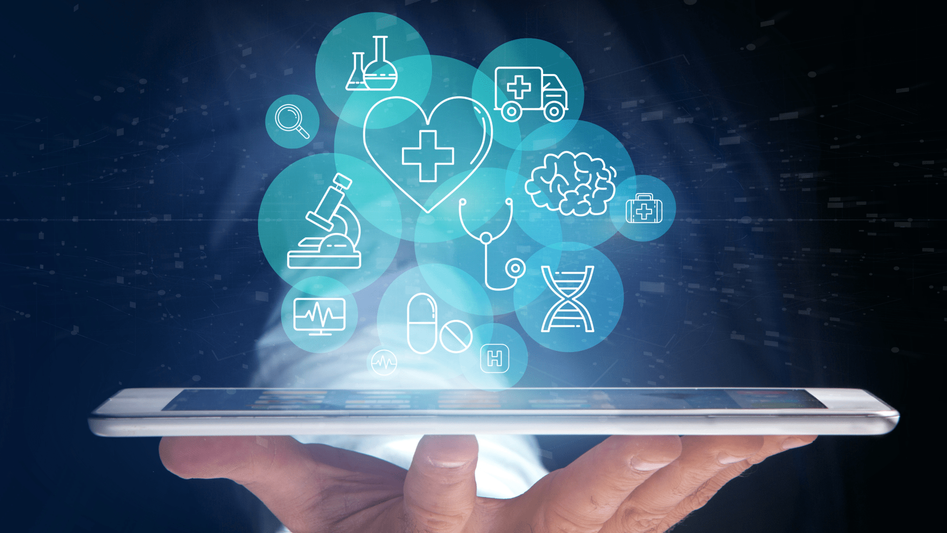 A hand holding a smartphone with bright, blue-lit healthcare icons—including a heart, stethoscope, and microscope—floating above the screen, representing advanced digital health solutions and innovation in healthcare app development.