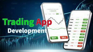 "image showcasing cryptocurrency exchange and stock trading app development, displaying two smartphones with trading interfaces. One screen shows a graph with 'BUY' and 'SELL' buttons, while the other displays coin prices and percentage changes in green and red, against a background of financial data and candlestick charts."