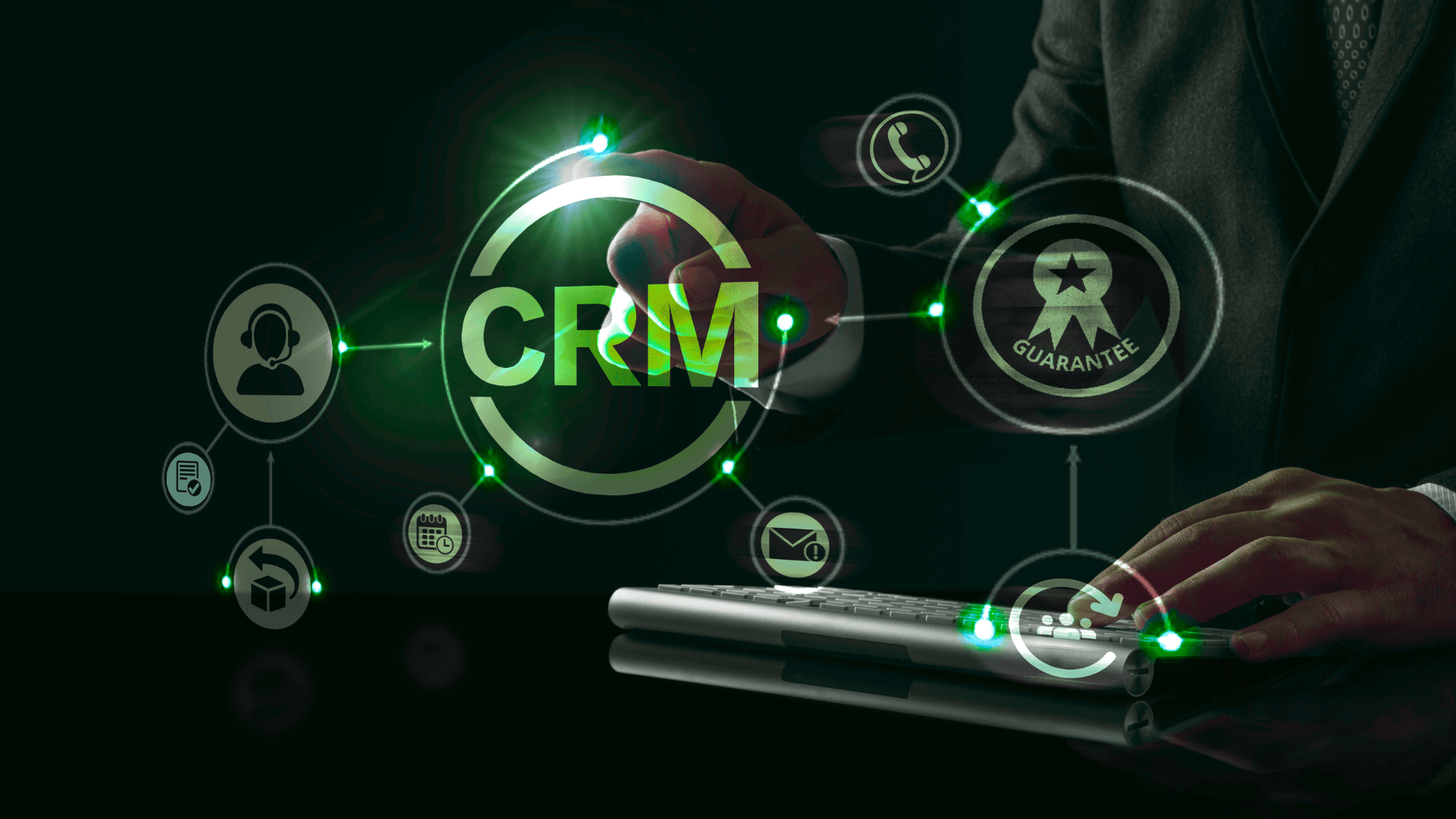 "Digital illustration showcasing CRM software development with a businessman interacting with holographic icons representing customer relationship management features like support, communication, guarantee, and scheduling. Highlights modern technology and innovative CRM tools."