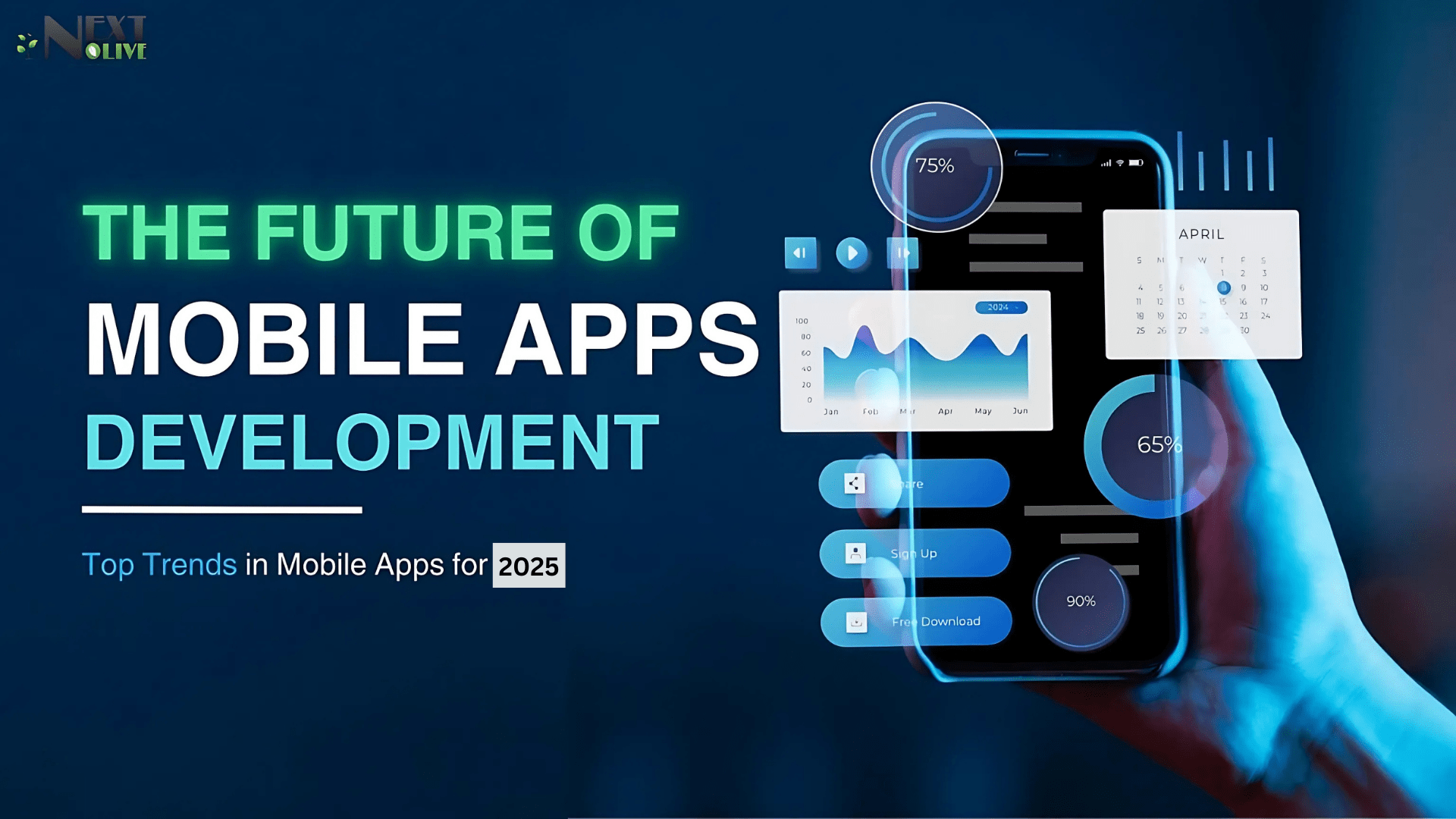 The image is a promotional graphic for a presentation or article about the future of mobile app development, focusing on top trends expected in 2025. It features a hand holding a smartphone with various app interface elements, such as a calendar, graph, and progress indicators showing percentages (75%, 65%, and 90%). The text highlights "The Future of Mobile Apps Development" and "Top Trends in Mobile Apps for 2025." The background emphasizes technological advancements and trends in mobile apps.