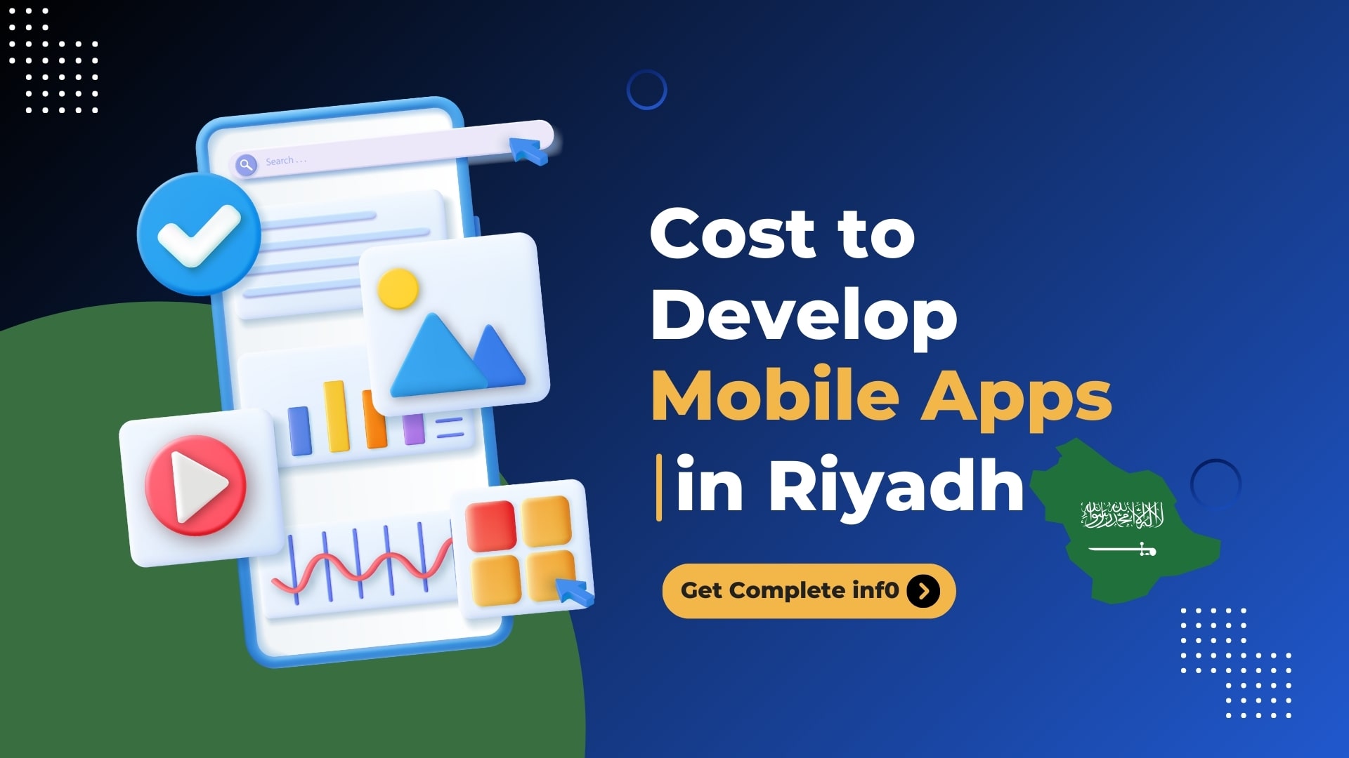 "image shows the 3D illustration of a smartphone UI with charts, icons, and a Saudi Arabian map overlay, highlighting the cost to build mobile apps in Riyadh, Saudi Arabia."