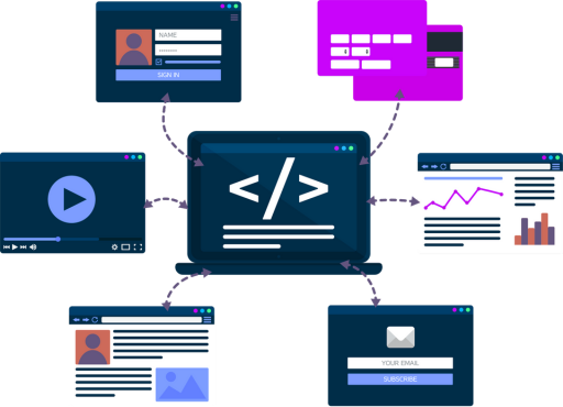 “Colorful illustration of a laptop with coding symbols connected to multiple app interface screens, highlighting global market statistics and trends in mobile app development.”