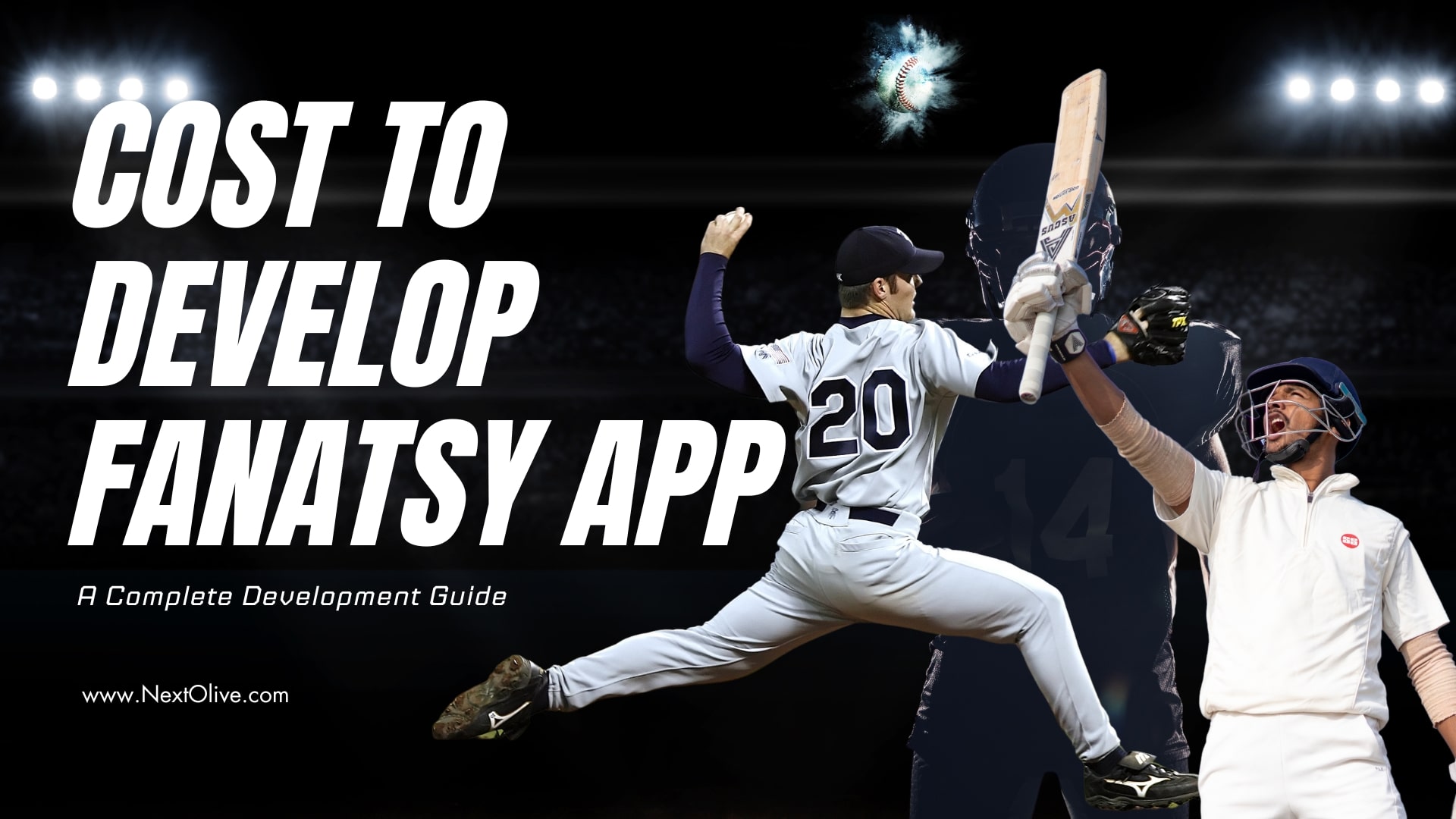 “Image featuring a baseball pitcher mid-throw and a cricket batsman celebrating under stadium lights, alongside bold text reading ‘Cost to Develop Fantasy App – A Complete Development Guide,’ illustrating key concepts of fantasy sports app development cost.”