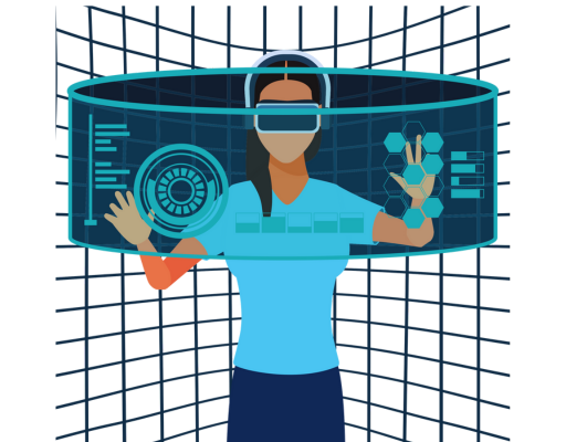 Illustration of a female professional wearing a VR headset and interacting with a futuristic holographic interface, symbolizing the cutting-edge mobile app development services offered by a leading German company Next Olive.