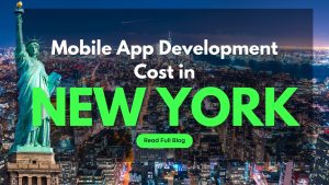 “Image shows the Statue of Liberty in front of the illuminated New York City skyline at night, overlaid with large text reading ‘Mobile App Development Cost in New York,’ representing a blog post on app development pricing in NYC.”