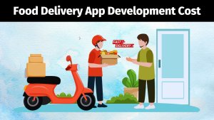 Image Shows the Food Delivery App Development Cost via Text and Visual of Delivery Boy Delivering a Food order to Customers