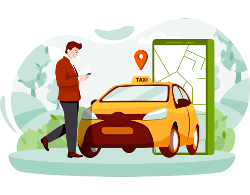 Image showing a man booking a taxi via mobile app in illustrated form.