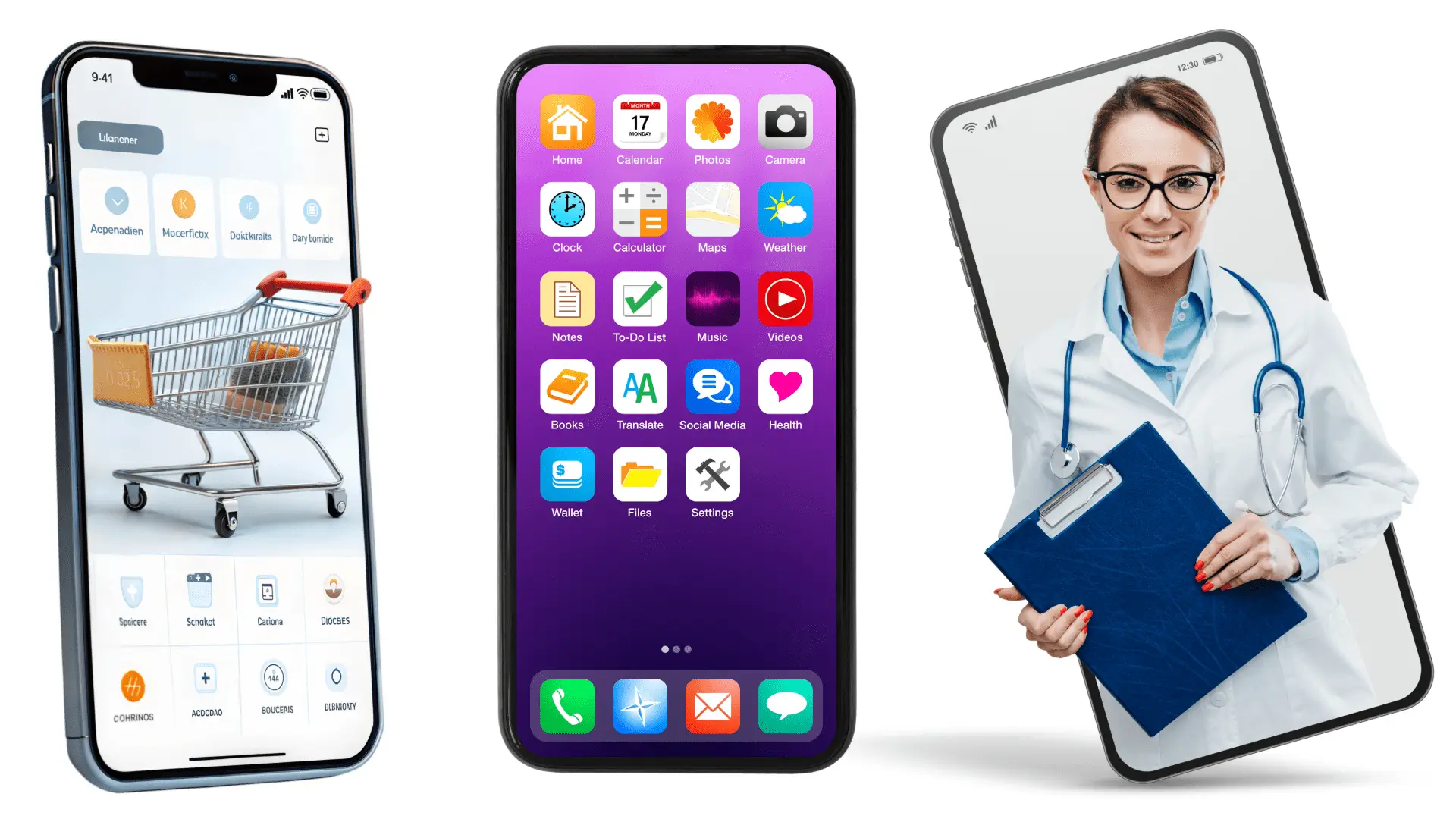 Three Phone screens showcasing different app interfaces and STop 10 Mobile App Development Companies via text and visuals