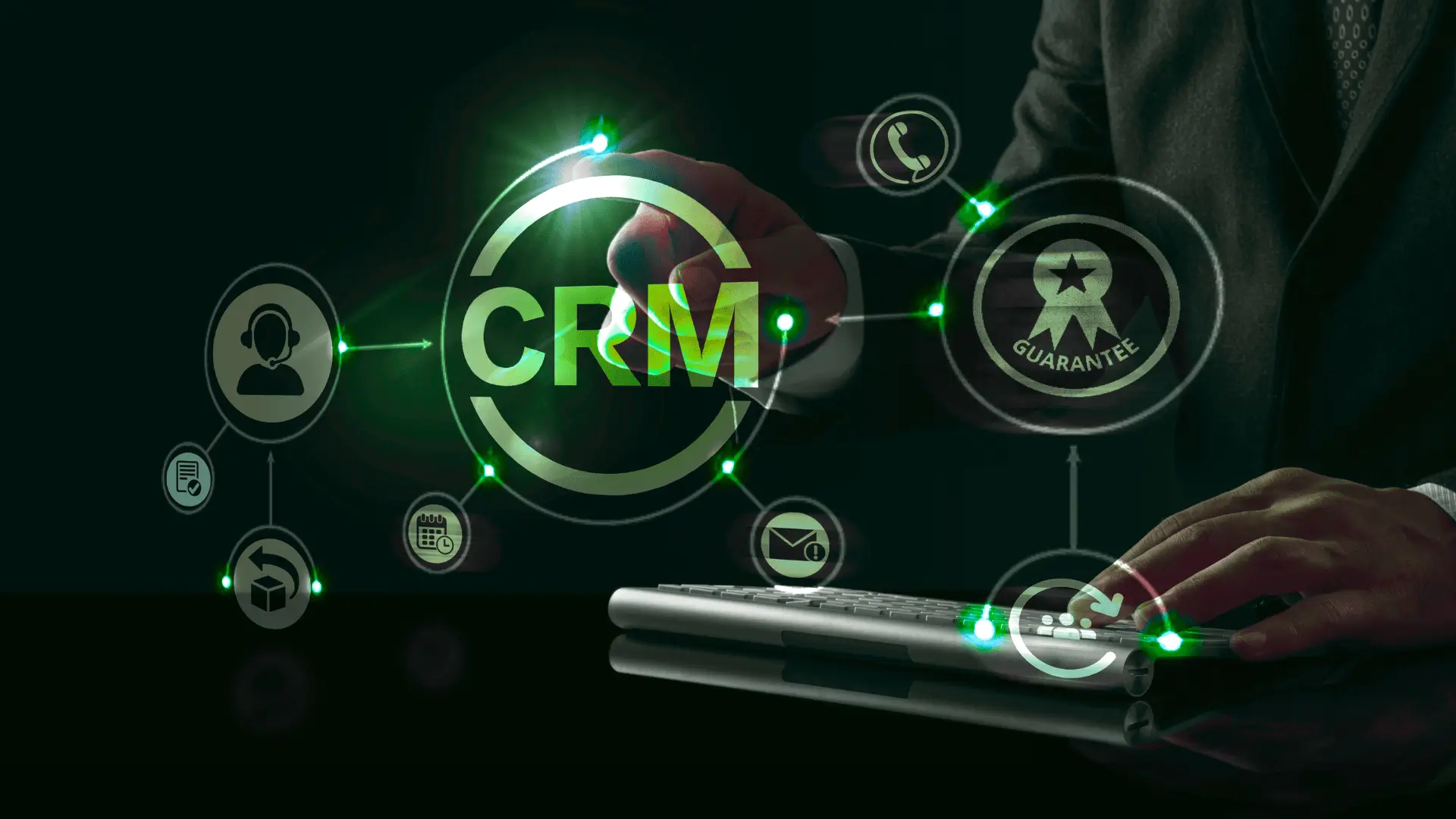 Digital illustration showcasing CRM software development with a businessman interacting with holographic icons representing customer relationship management features like support, communication, guarantee, and scheduling. Highlights modern technology and innovative CRM tools.