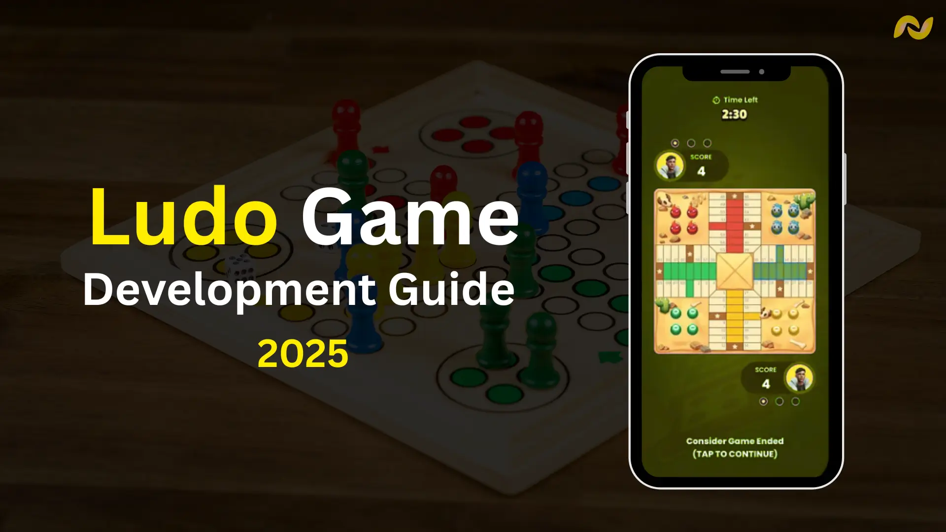 A Ludo board game on a wooden table next to a smartphone displaying a mobile Ludo game development screen. The image's text says "Ludo Game Development Guide 2025" with a focus on ludo game development.