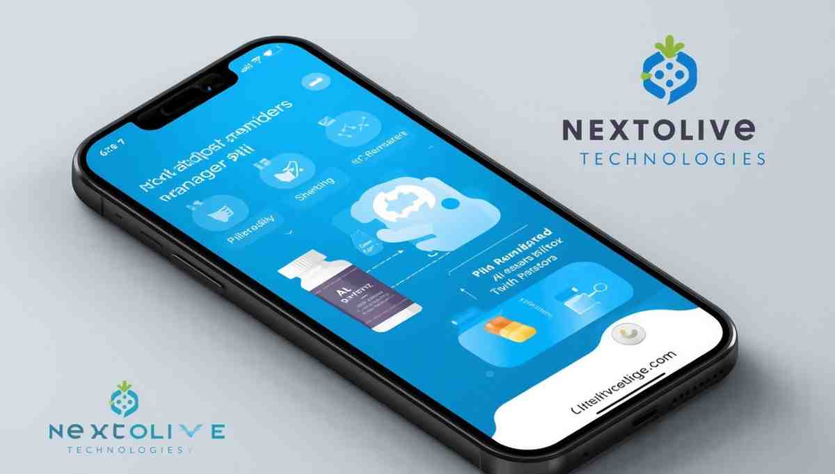 Modernmedicationmanagementmobileappinterfaceonsmartphonescreenshowingpillremindersaichatbotassistantsmartpillbottlewithiotsensorscleanhealthcaredesignwithblueandwhitecolorsprofe1