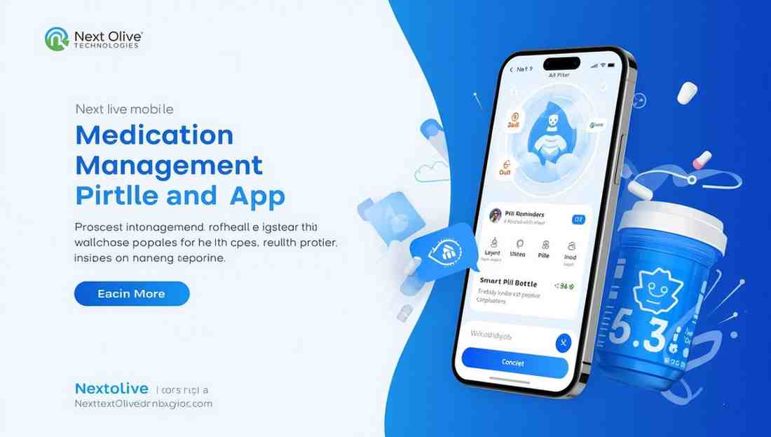 Modernmedicationmanagementmobileappinterfaceonsmartphonescreenshowingpillremindersaichatbotassistantsmartpillbottlewithiotsensorscleanhealthcaredesignwithblueandwhitecolorsprofe2